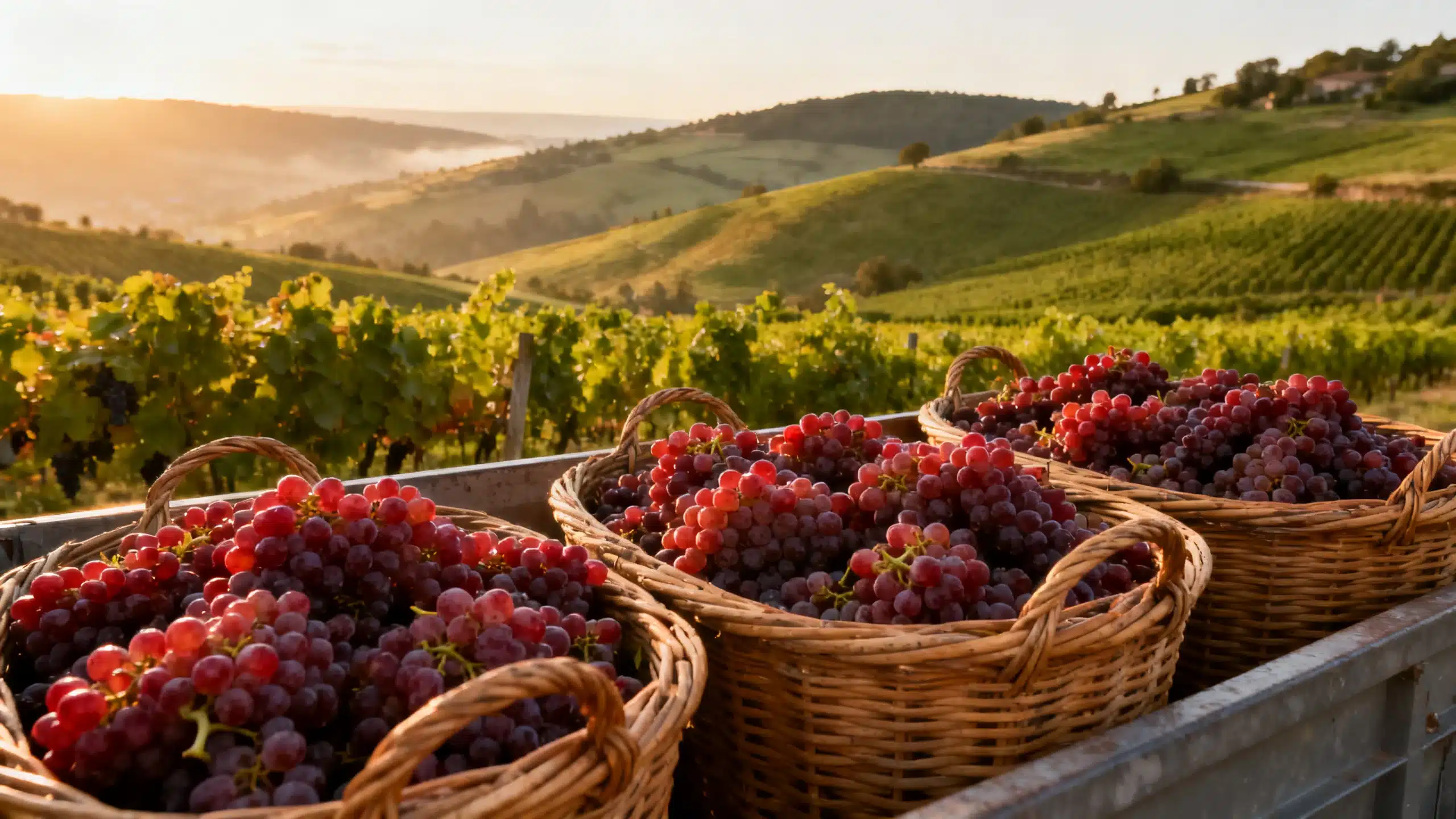 Vendanges Beaujolais 2026, vendangeurs dans le vignoble Gamay en août