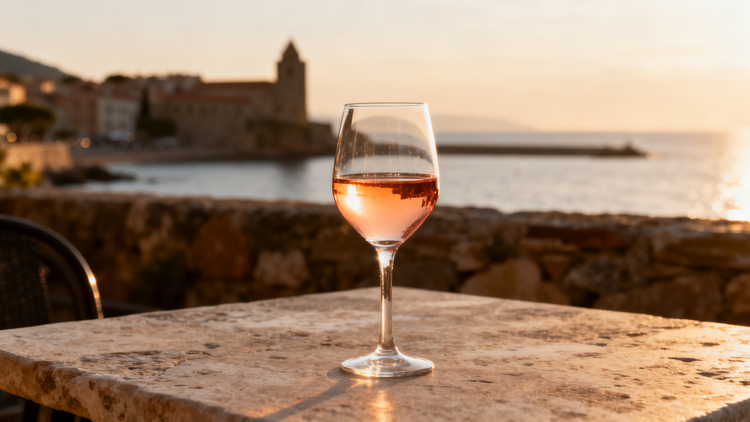 Verre de Grenache Gris à la robe cuivrée, baie de Collioure en arrière-plan