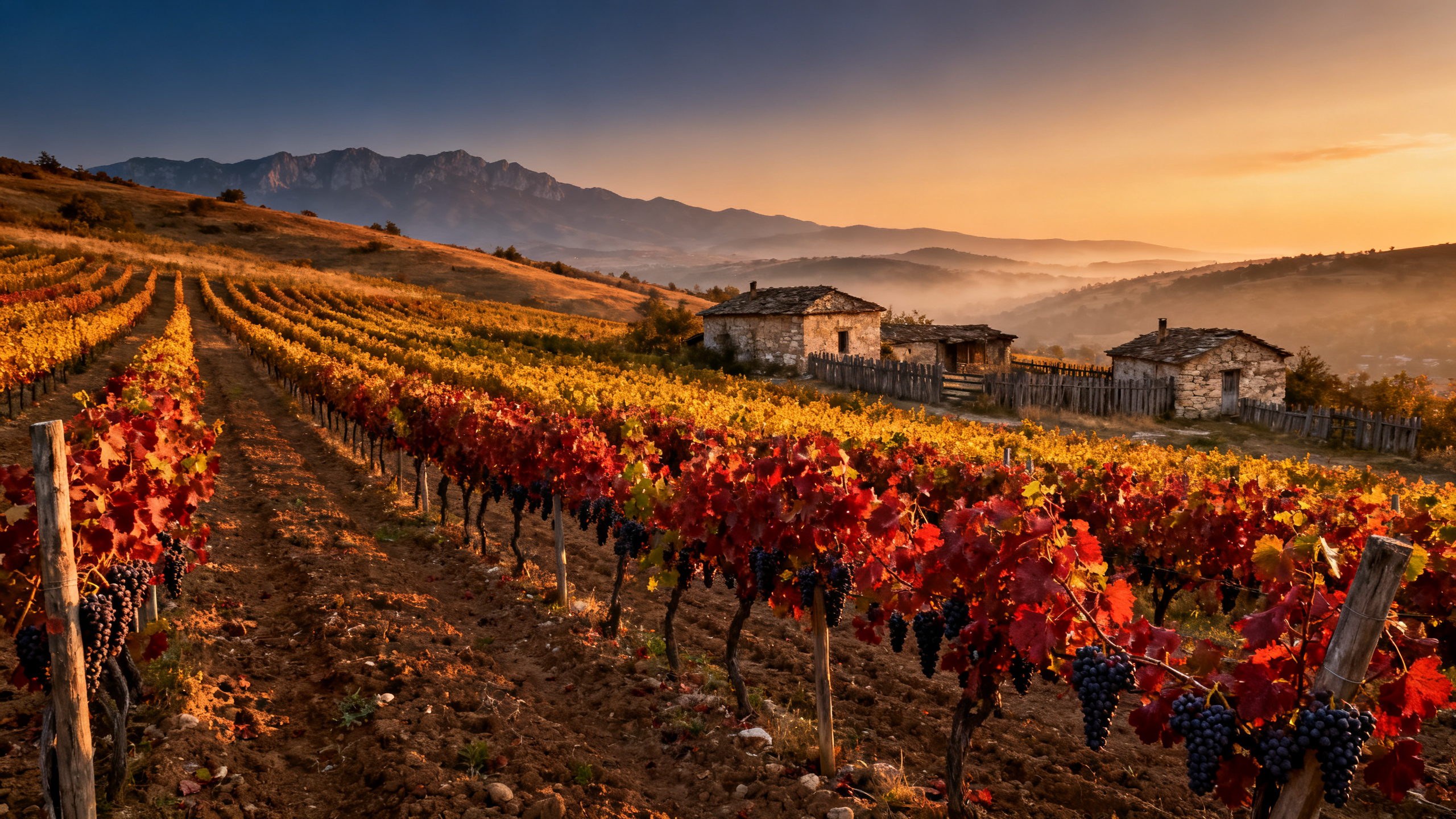 Vignoble de Thrace en Bulgarie : vignes de Mavrud sur les collines de la vallée de Plovdiv