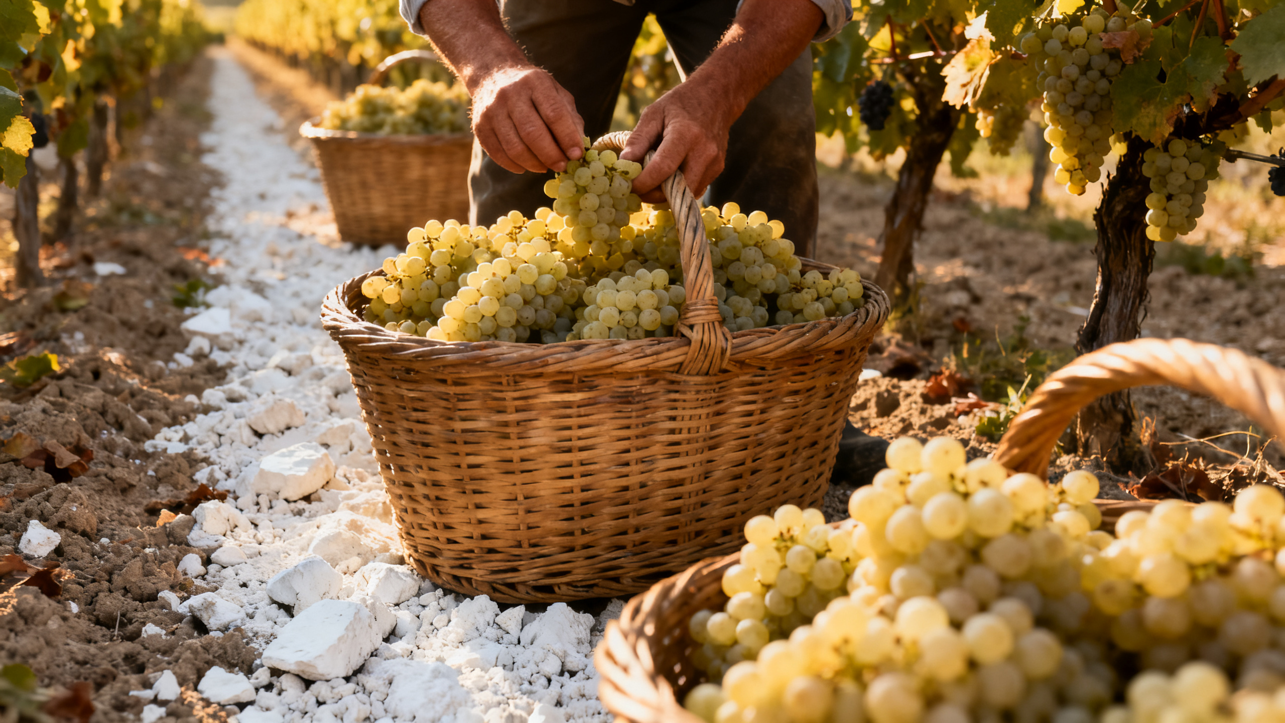 Vendangeurs récoltant le Chardonnay à la main en Champagne, août 2026