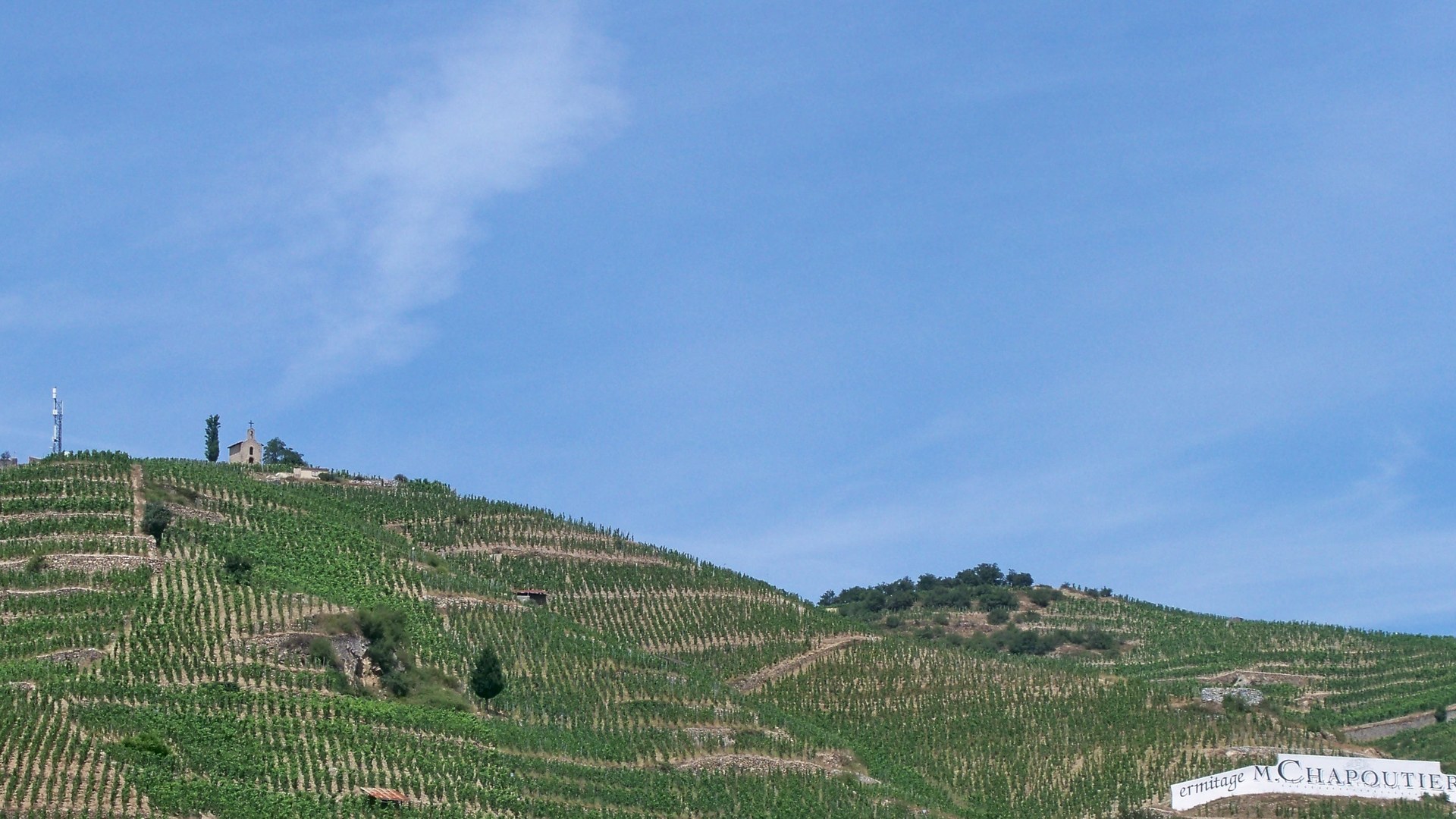 Chapelle de l'Ermitage et vignes de Syrah sur la colline granitique de Tain-l'Hermitage, Drôme, Vallée du Rhône