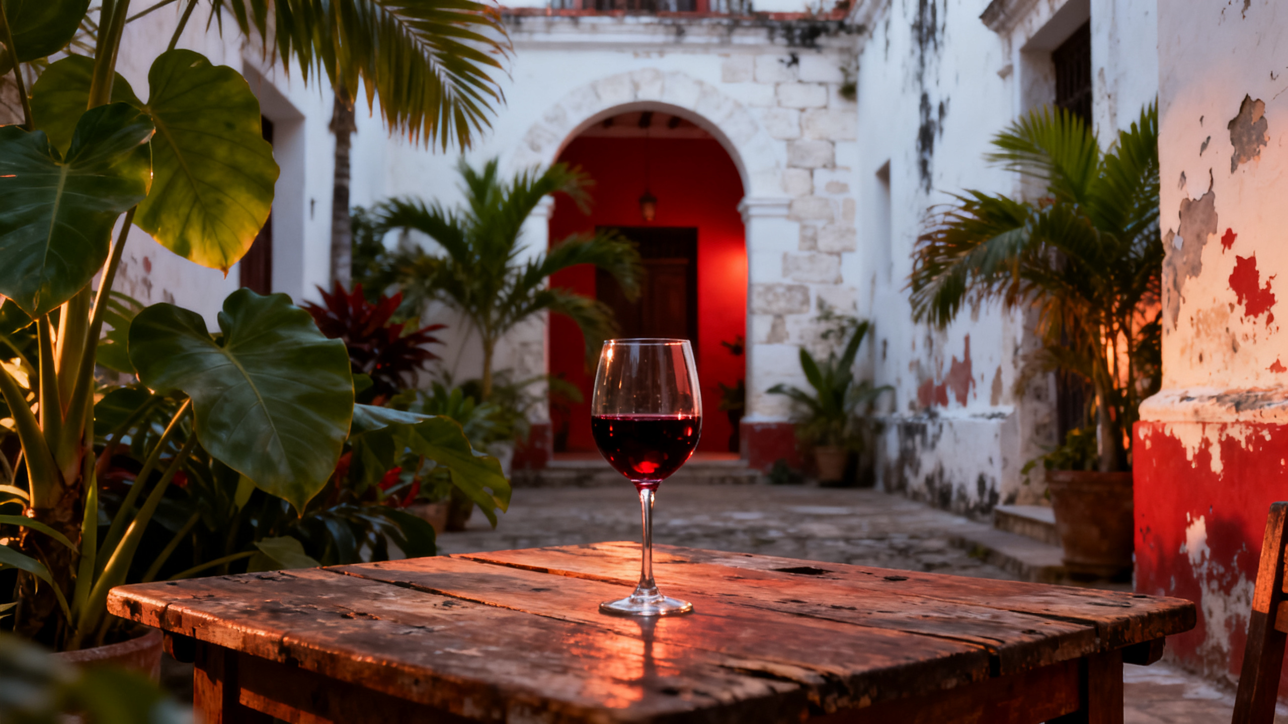 Verre de vin rouge cubain sur table en bois dans un patio colonial tropical