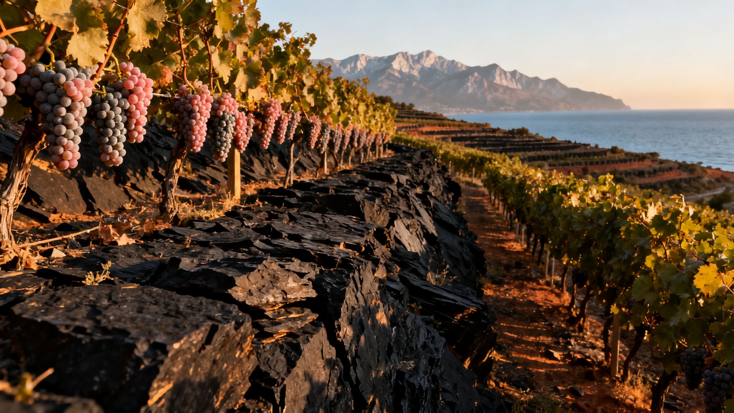 Vignoble Grenache Gris sur terrasses de schistes noirs, Roussillon, Méditerranée en arrière-plan