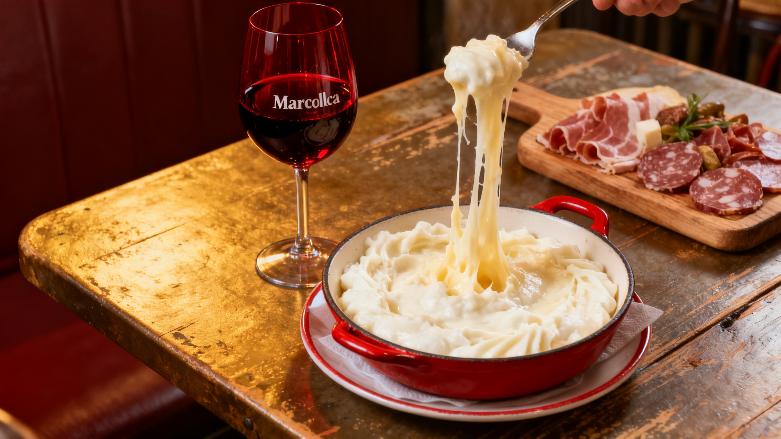 Verre de Marcillac (Fer Servadou) avec aligot aveyronnais et charcuteries sur table bistro