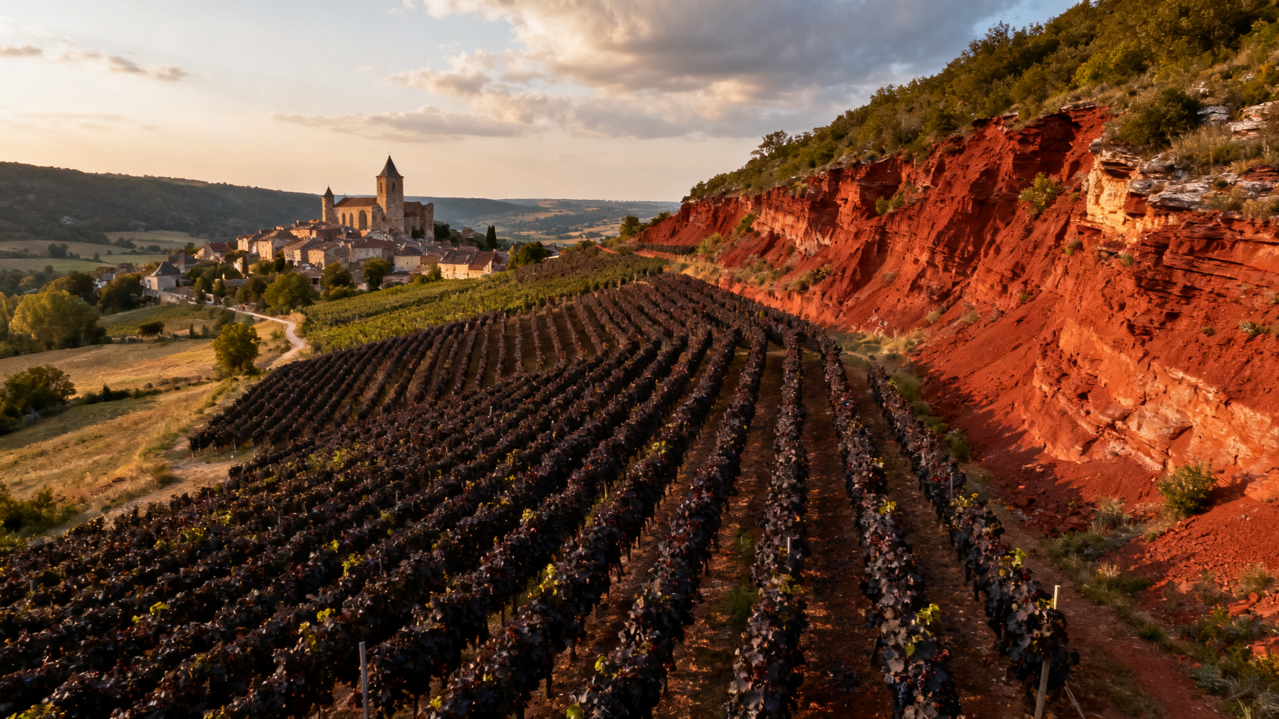 Vignoble Marcillac avec pélites rougeâtres ferrugineuses typiques de l'AOC Marcillac en Aveyron