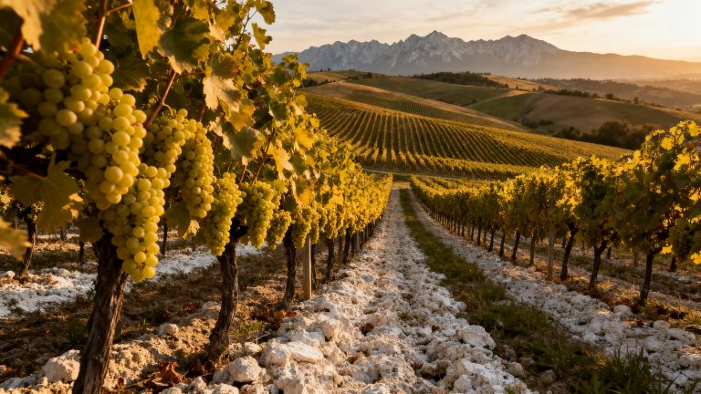 Vignoble de Friulano dans le Collio, collines verdoyantes du Frioul avec grappes dorées à maturité