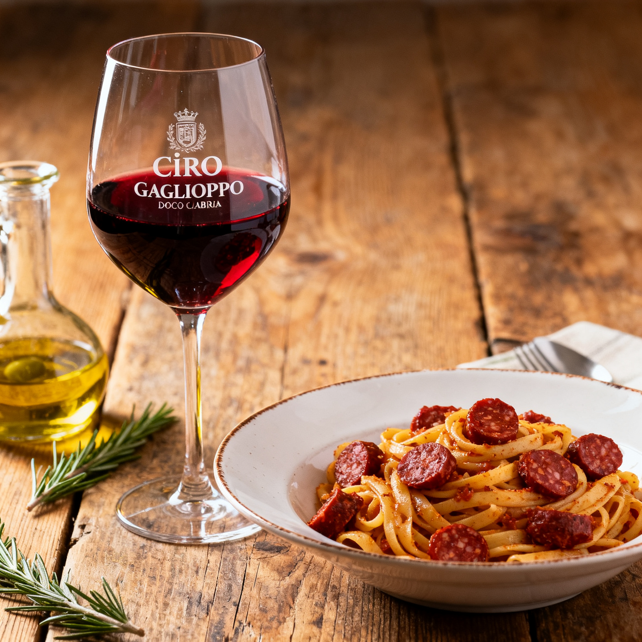 Verre de vin rouge Gaglioppo Cirò DOC avec pasta à la 'nduja calabraise