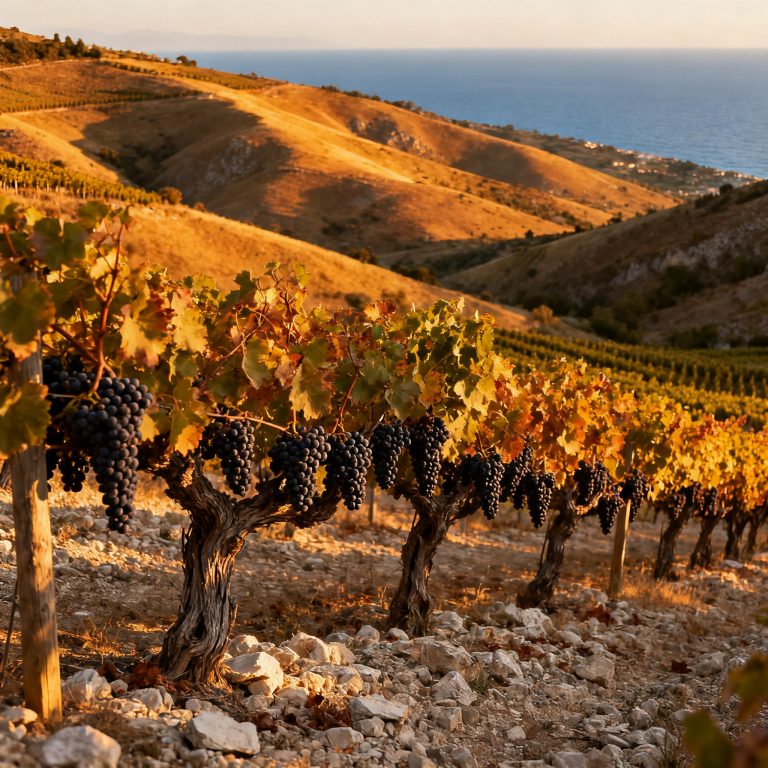Guide Gaglioppo : le cépage calabrais du Cirò, l'olympien oublié Vignoble de Ciro en Calabre avec vieilles vignes de Gaglioppo et mer Ionienne