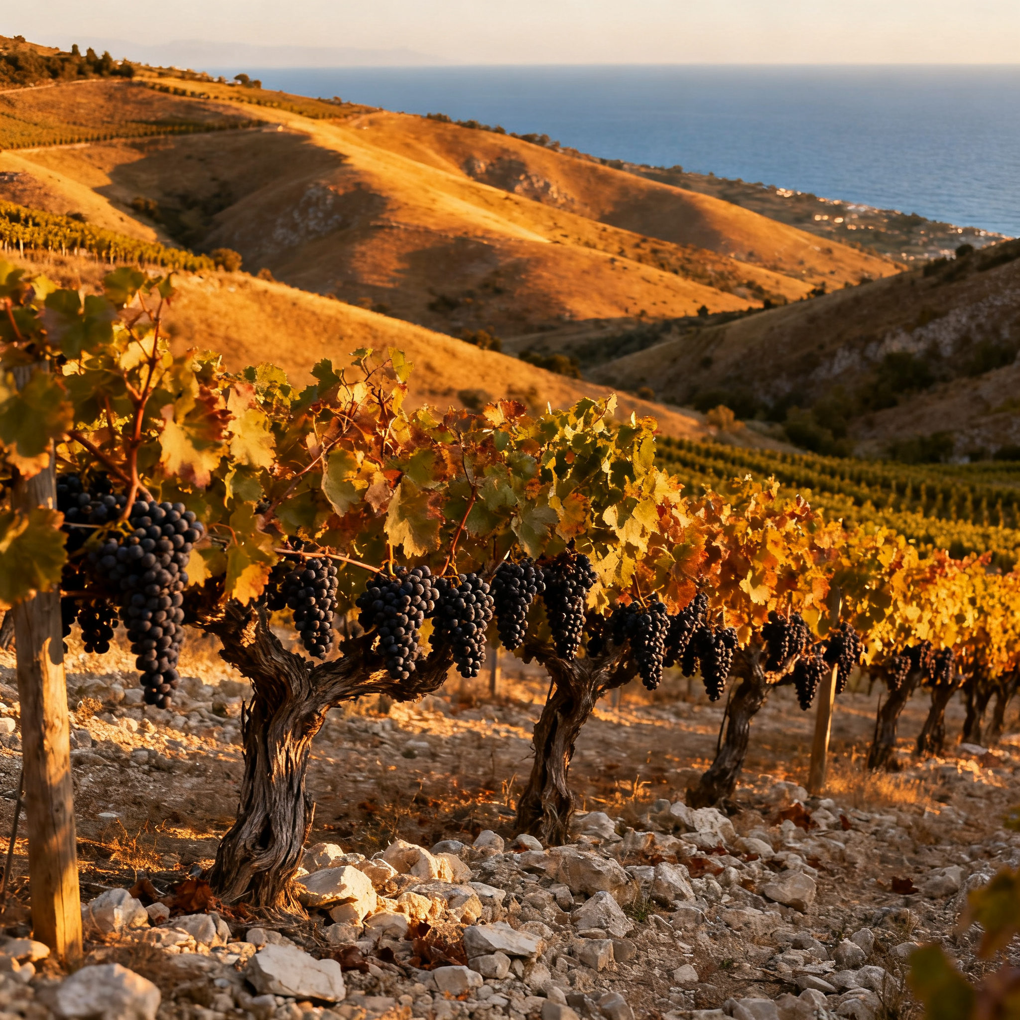 Vignoble de Ciro en Calabre avec vieilles vignes de Gaglioppo et mer Ionienne