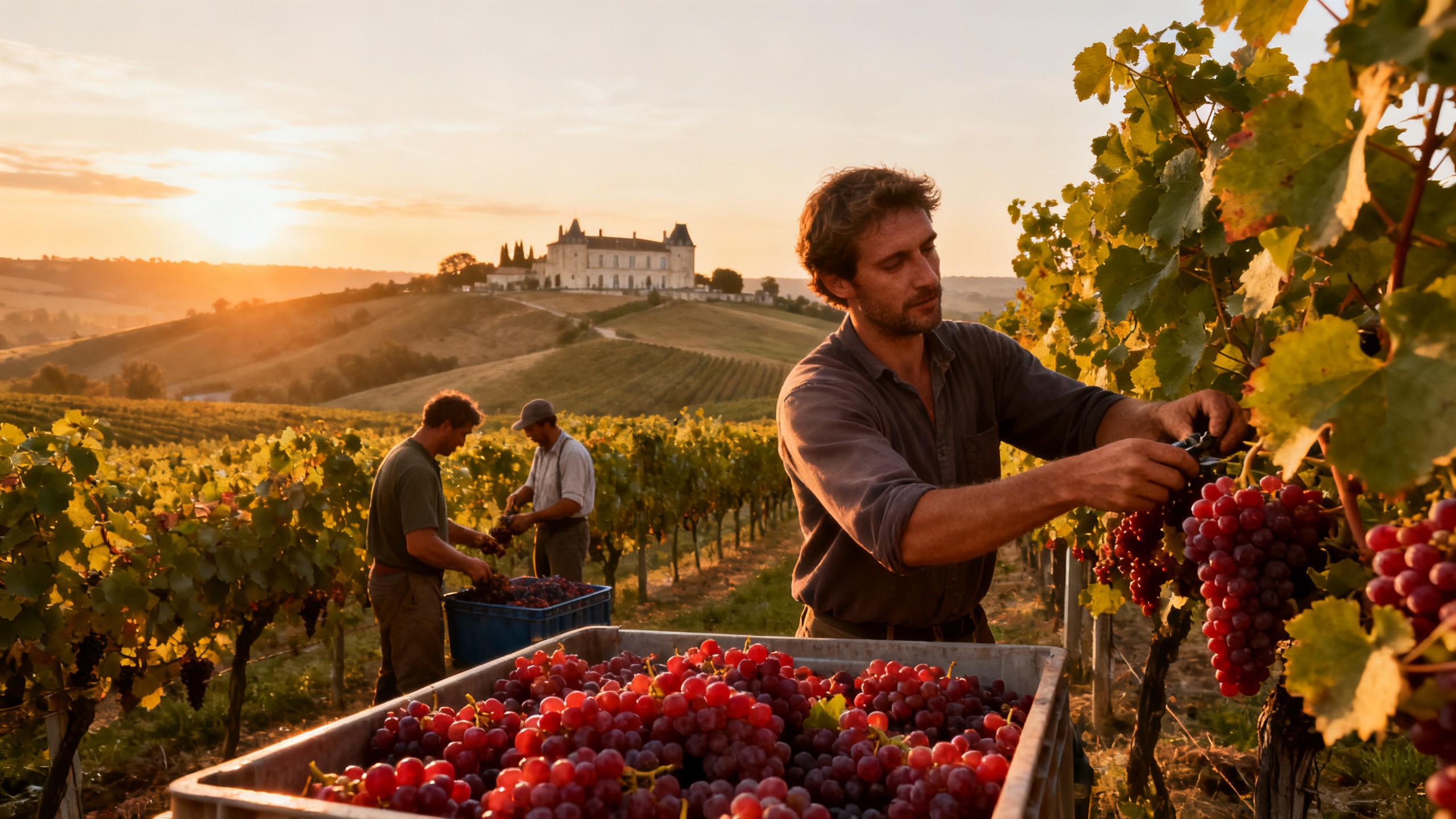 Vendanges Bordeaux 2026 - vignoble avec vendangeurs au lever du soleil