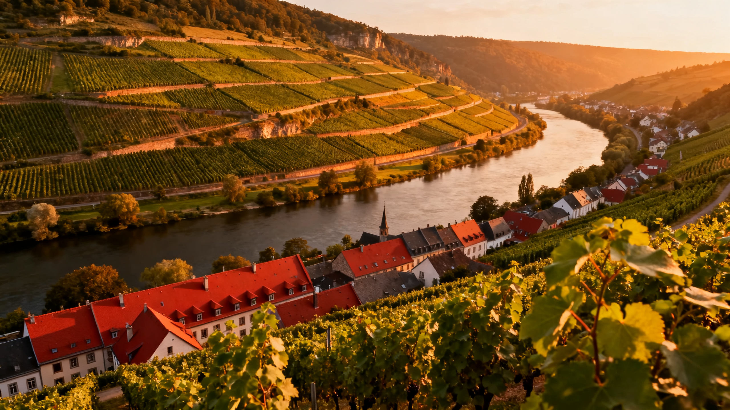 Vue aérienne des vignobles de la Moselle Luxembourgeoise au coucher du soleil