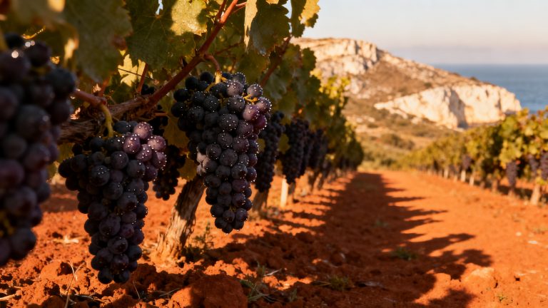 Grappes de Nero d Avola sur un vignoble sicilien terracotta avec vue sur la mer Méditerranée