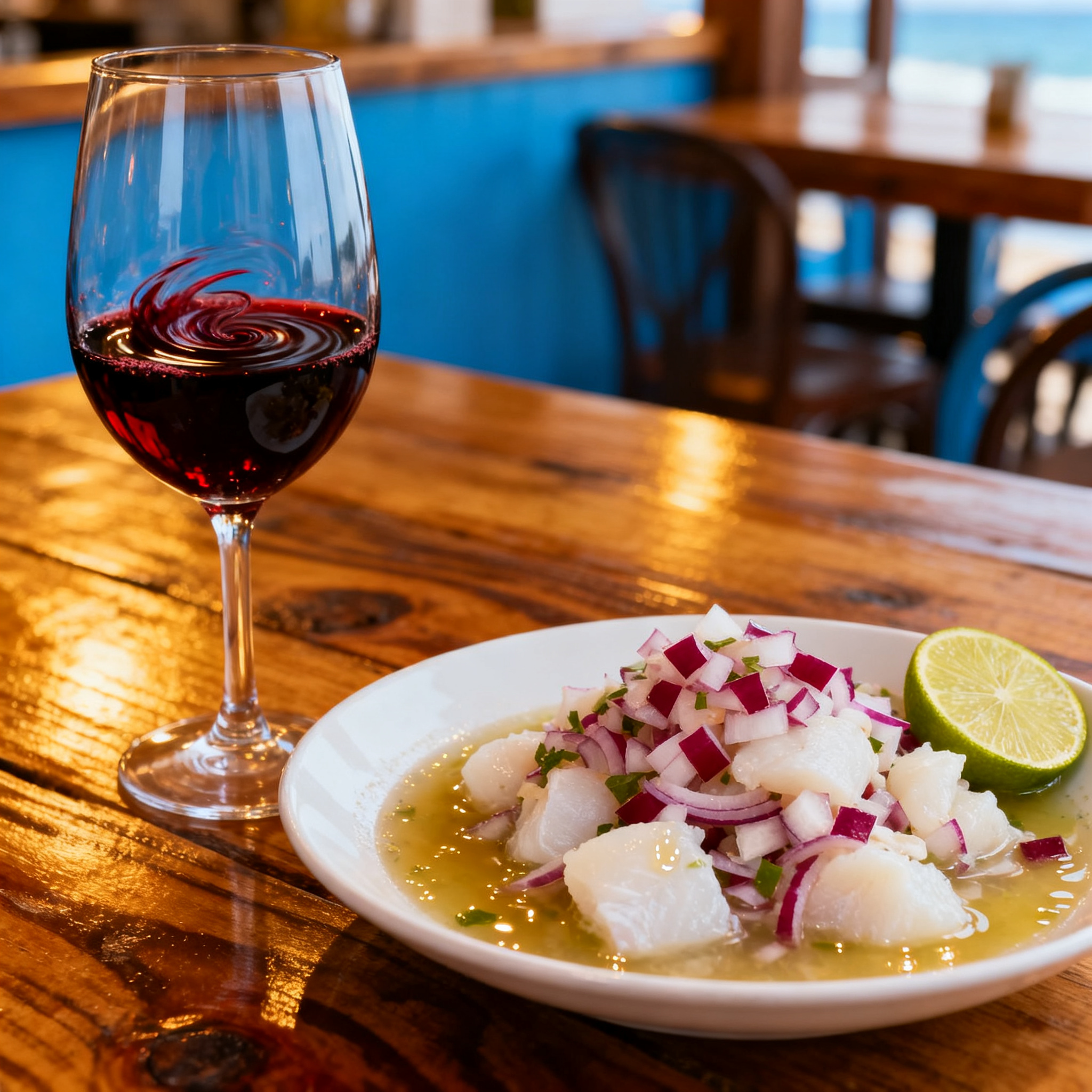 Ceviche de langoustines et verre de Malbec accord mets vins péruviens