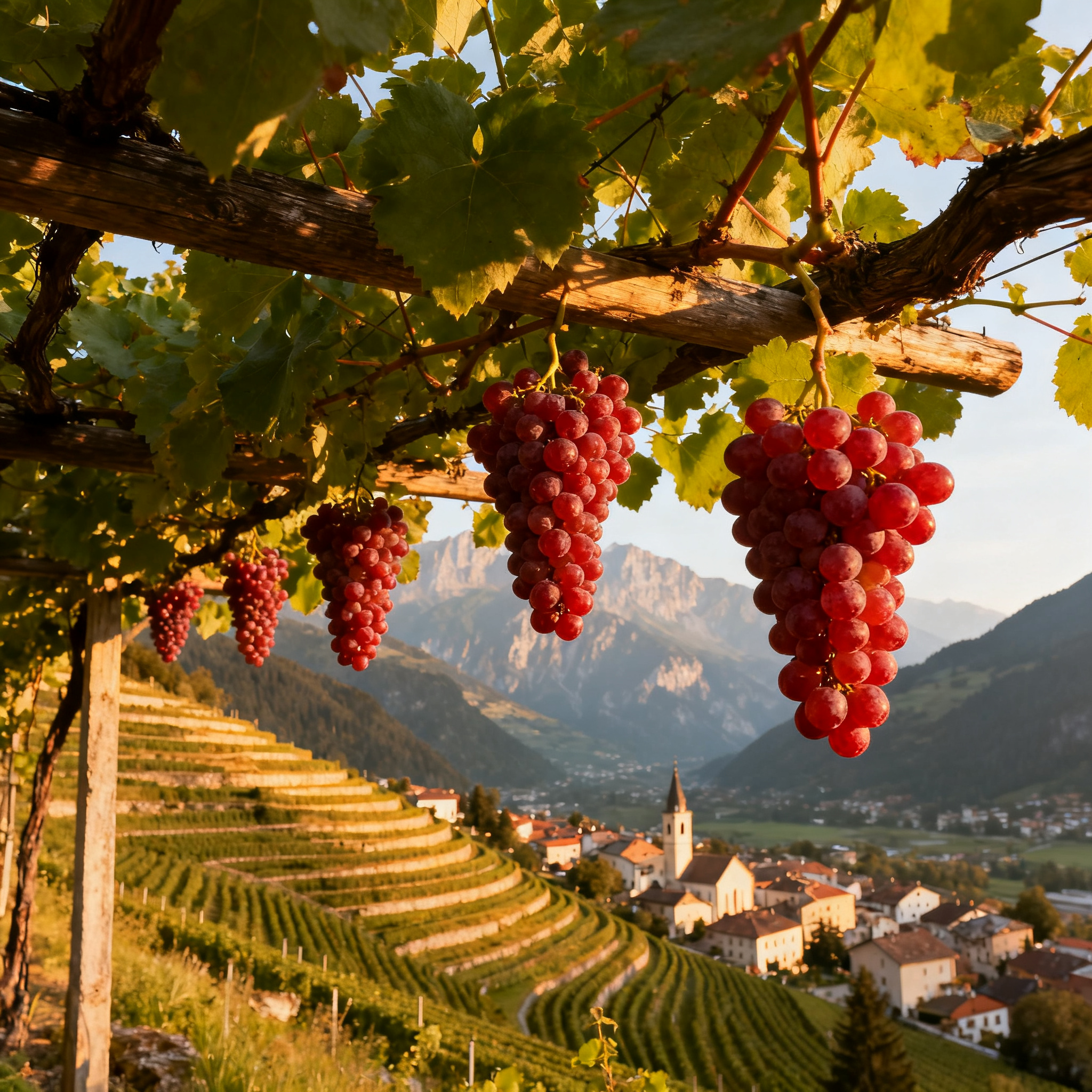 Vignoble de Santa Maddalena en Alto Adige, terrasses de Schiava sur fond de Dolomites