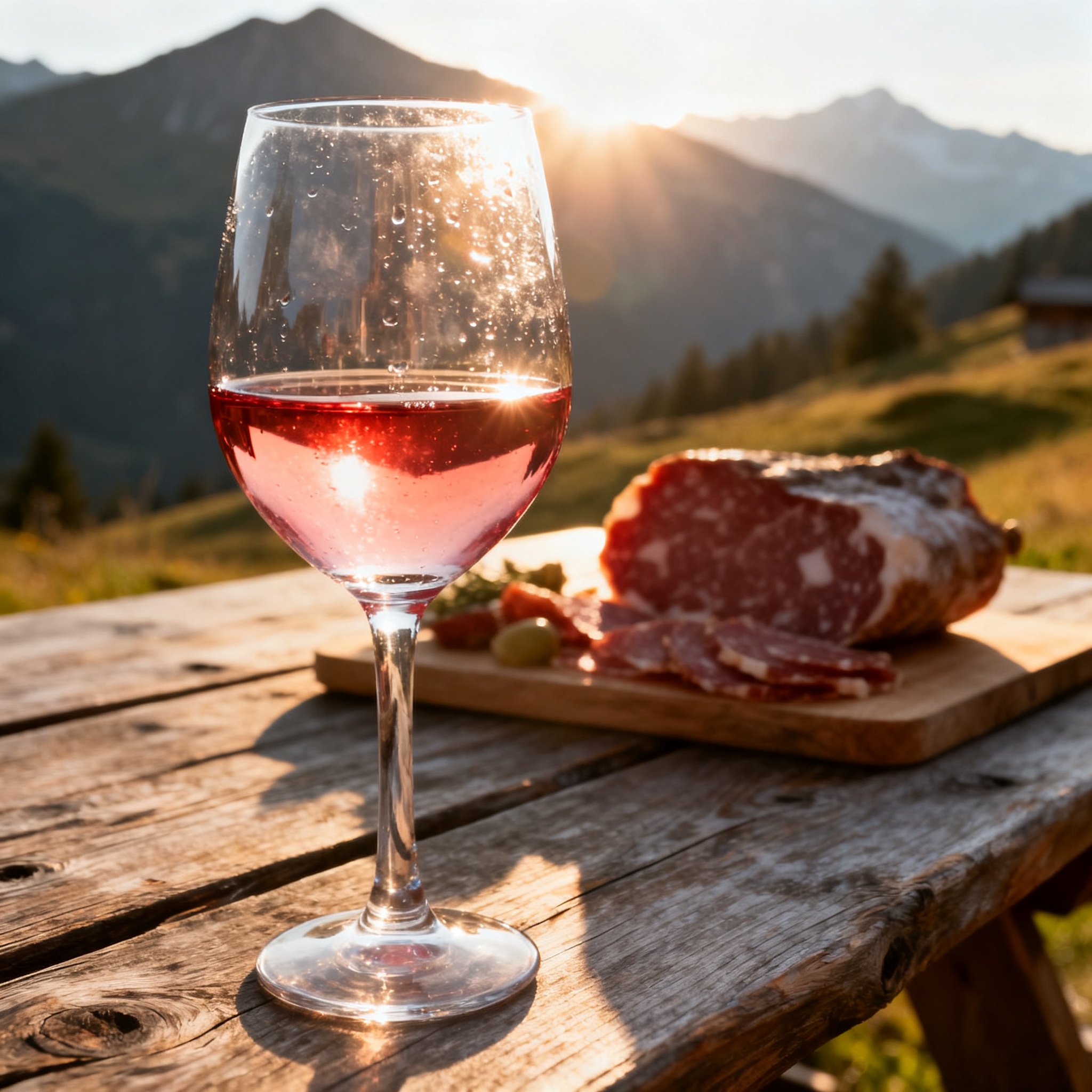 Verre de Schiava rouge pâle, reflet translucide, table en bois alpin