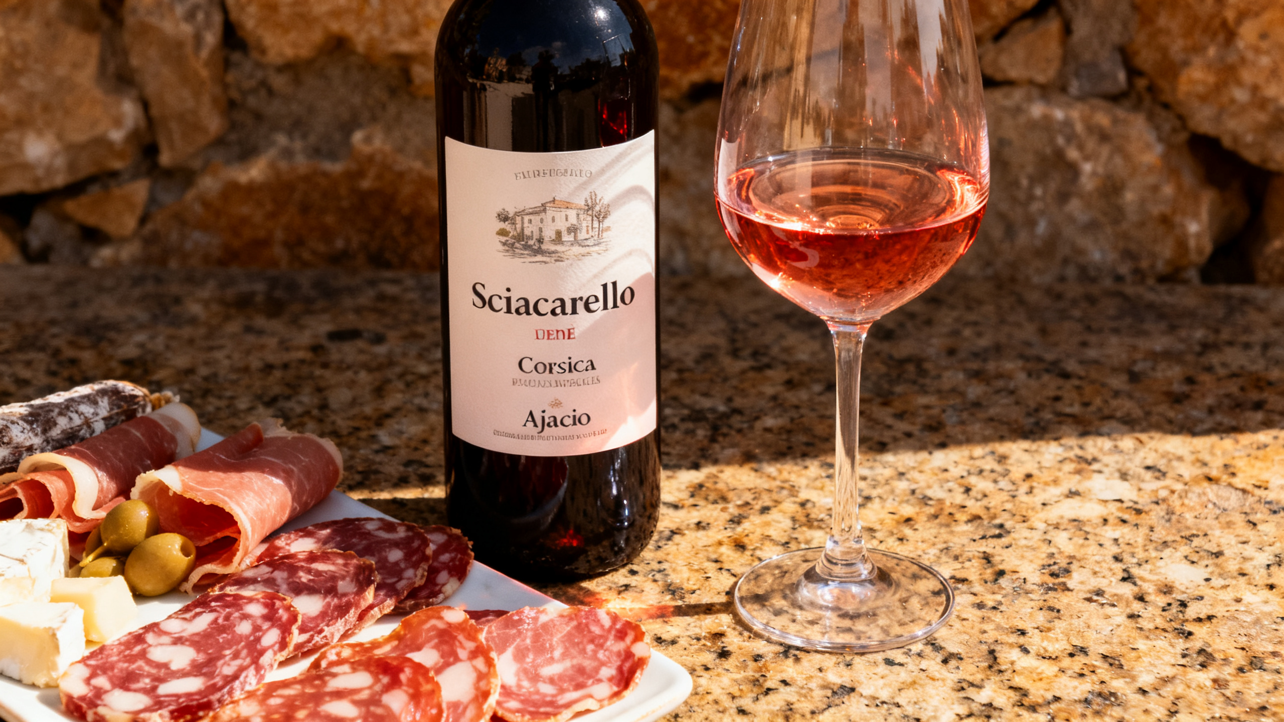 Verre de vin Sciacarello rouge, cépage corse AOC Ajaccio, charcuterie et granite