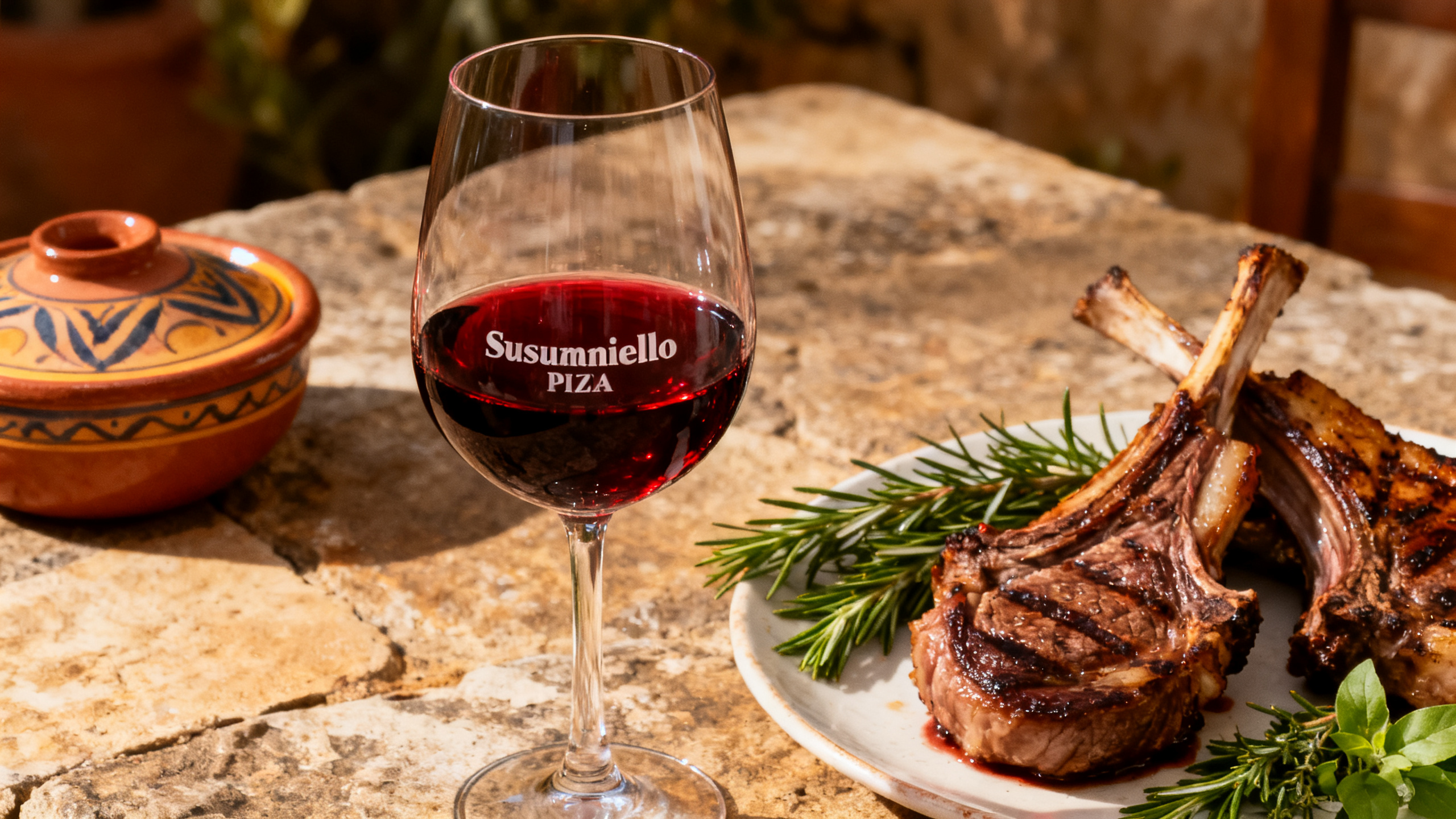 Verre de Susumaniello rouge profond avec agneau grillé aux herbes de Méditerranée
