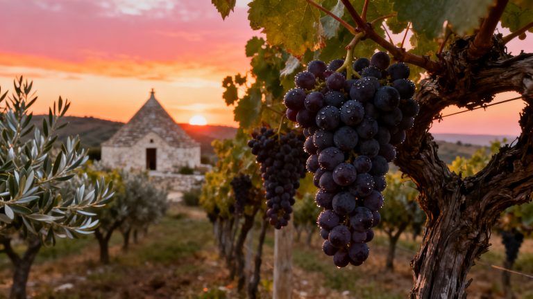 Vignoble de Susumaniello dans les Pouilles, grappes sombres et trullo, coucher de soleil méditerranéen