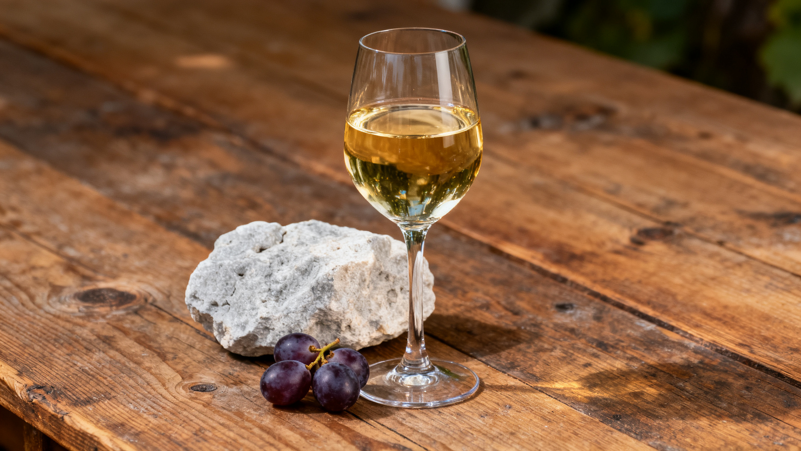 Verre de Welschriesling de Moravie sur table en bois avec roches calcaires