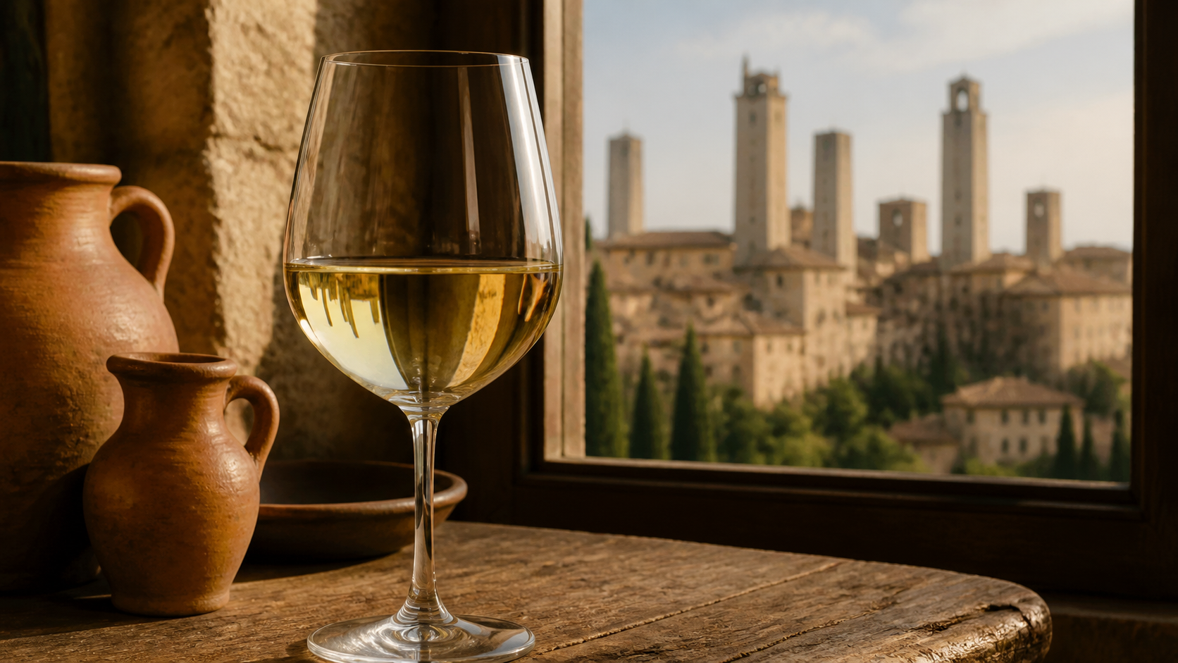 Verre de Vernaccia di San Gimignano avec les tours médiévales, table toscane