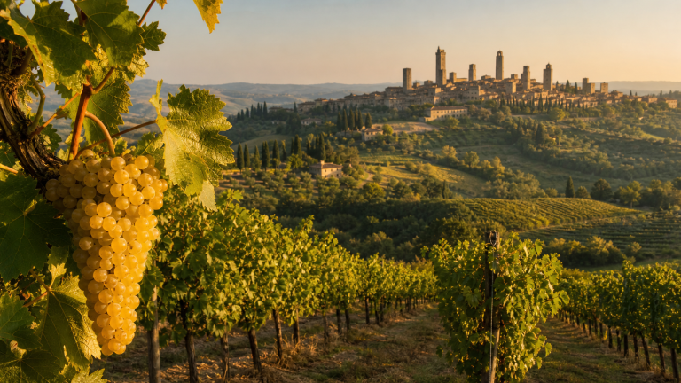 Guide Vernaccia di San Gimignano : le premier DOC d'Italie — profil, histoire et accords Vignoble de Vernaccia di San Gimignano avec les tours médiévales en arrière-plan, Toscane