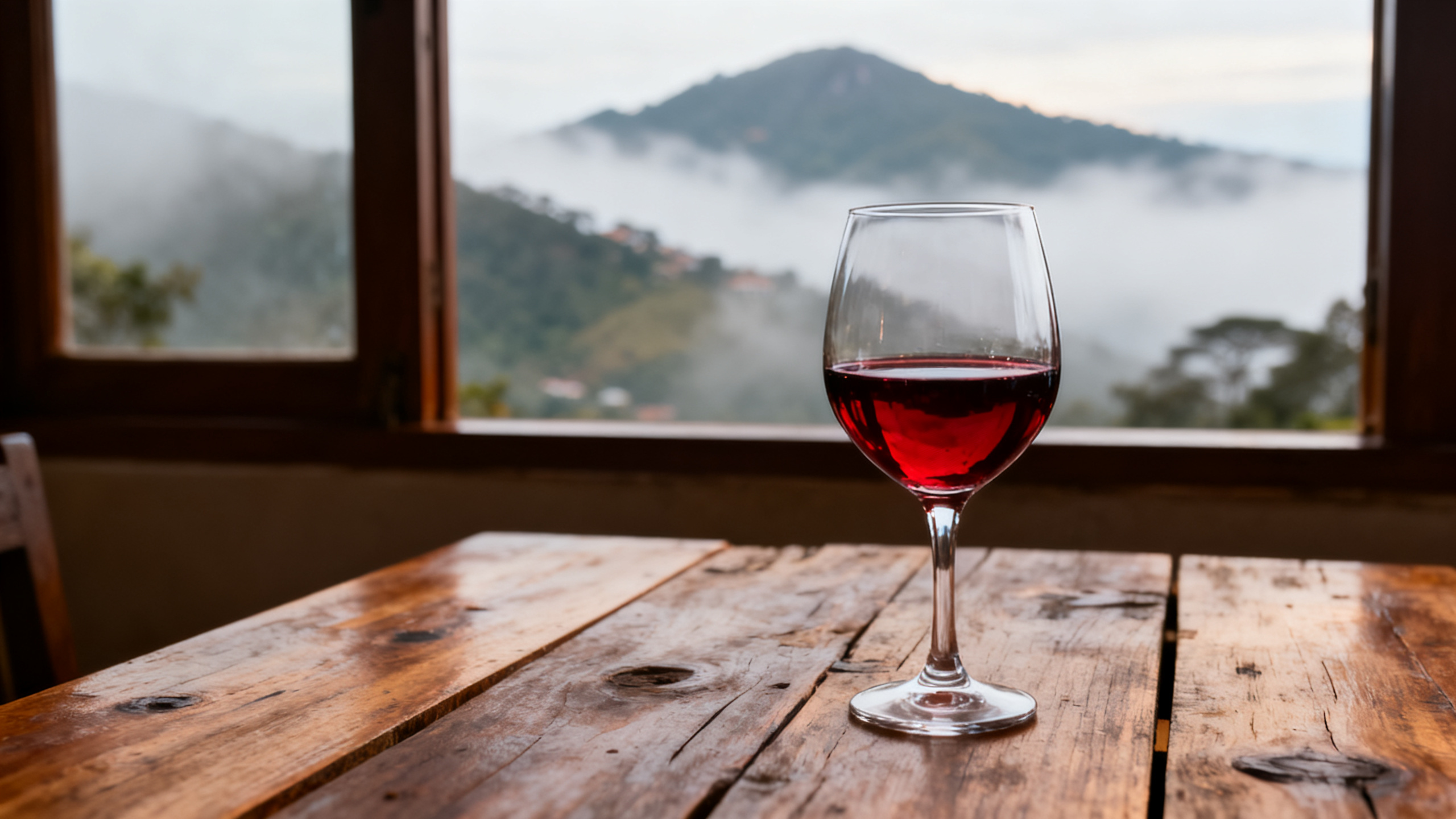 Verre de vin rouge vietnamien Dalat montagnes brumeuses