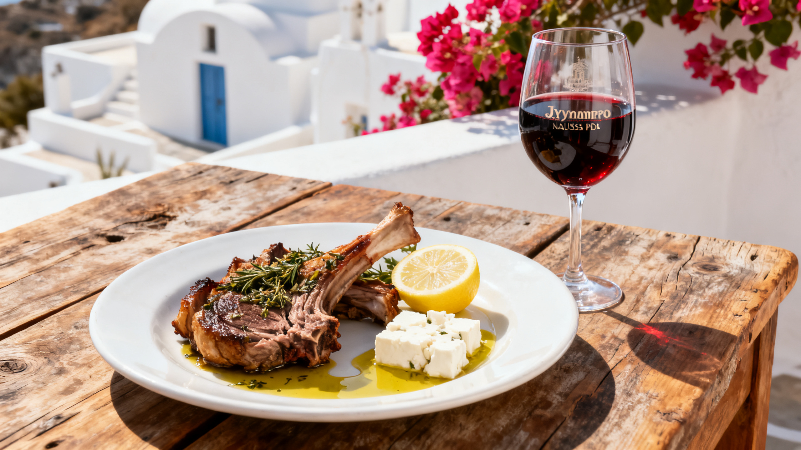 Verre de vin rouge Xynomavro Naoussa au rouge grenat translucide, avec agneau rôti aux herbes grecques