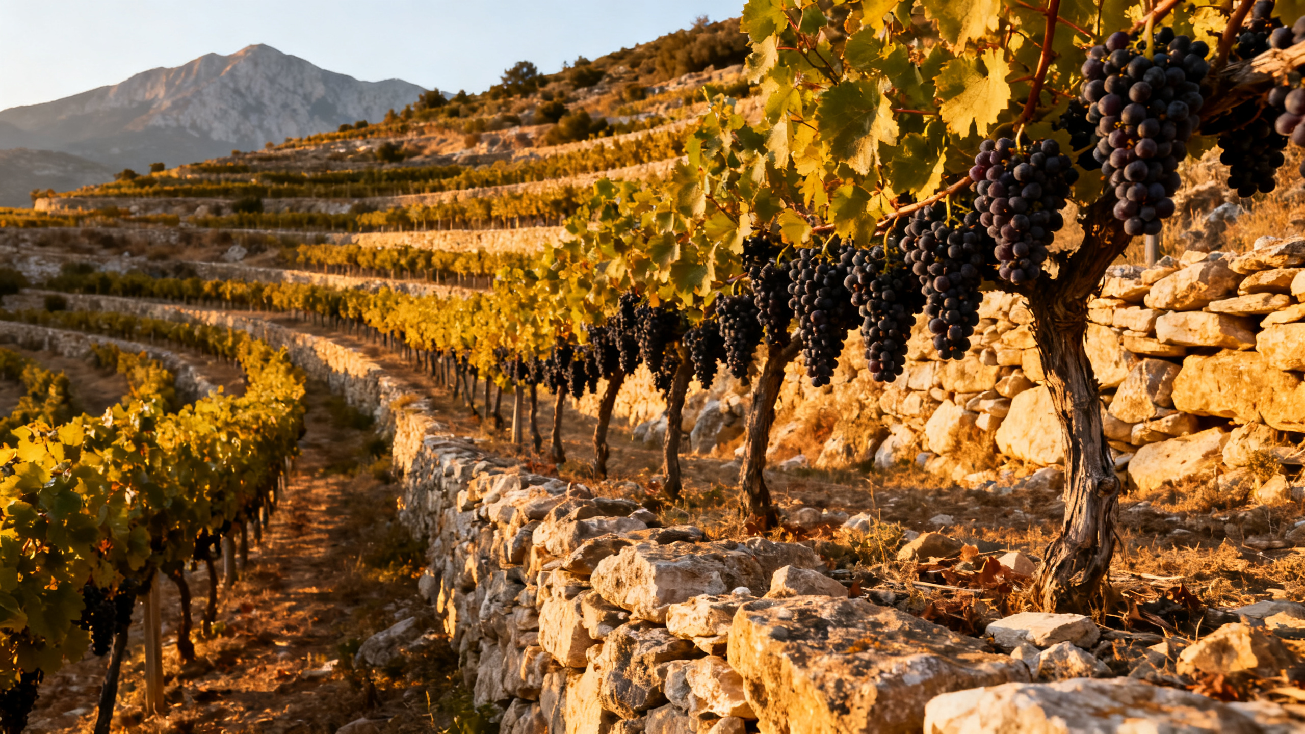 Vignoble Xynomavro à Naoussa, Macédoine grecque : rangées de vignes sur collines pierreuses avec montagnes en arrière-plan