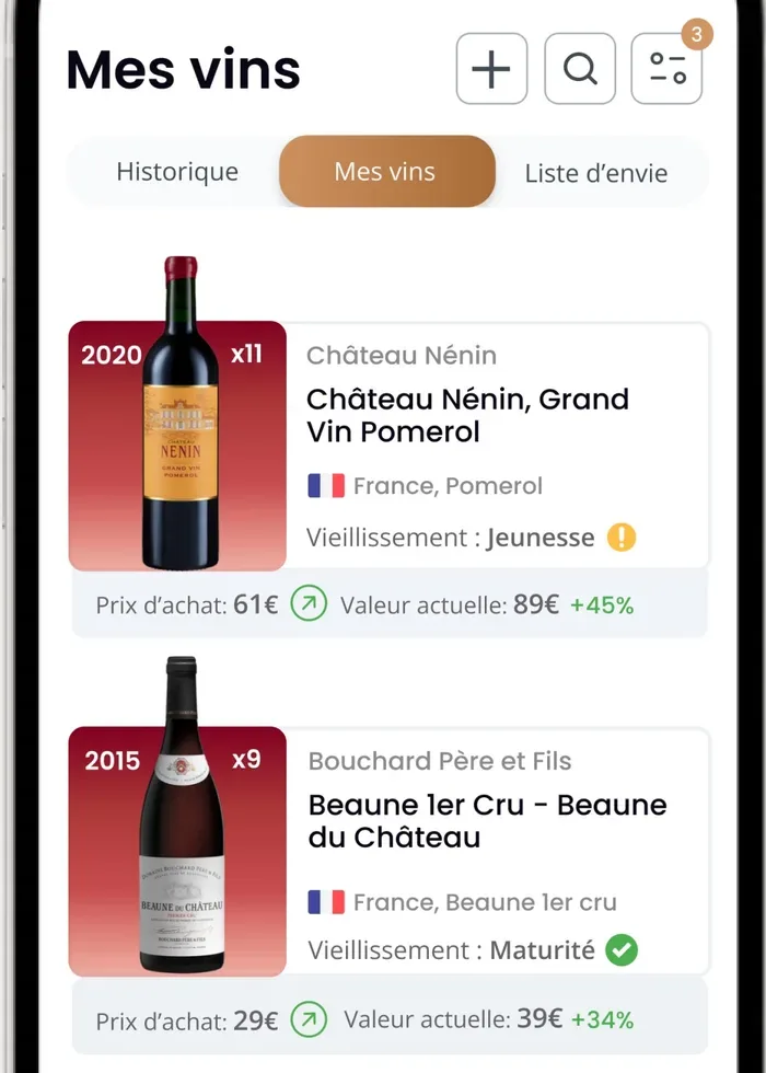 Liste Mes vins de l’application Oeni avec la phase de vieillissement affichée pour chaque bouteille