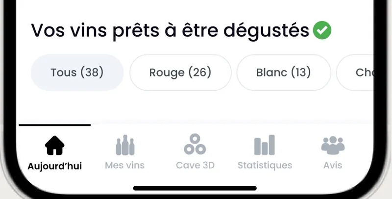 Rubrique Vos vins prêts à être dégustés sur l’accueil de l’application Oeni, avec filtres Rouge et Blanc