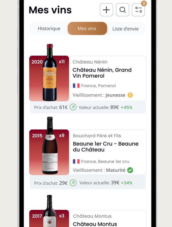 Écran Mes vins de l'application Oeni : pour chaque vin, millésime, quantité, prix d'achat, valeur actuelle, plus-value en pourcentage et phase de vieillissement.