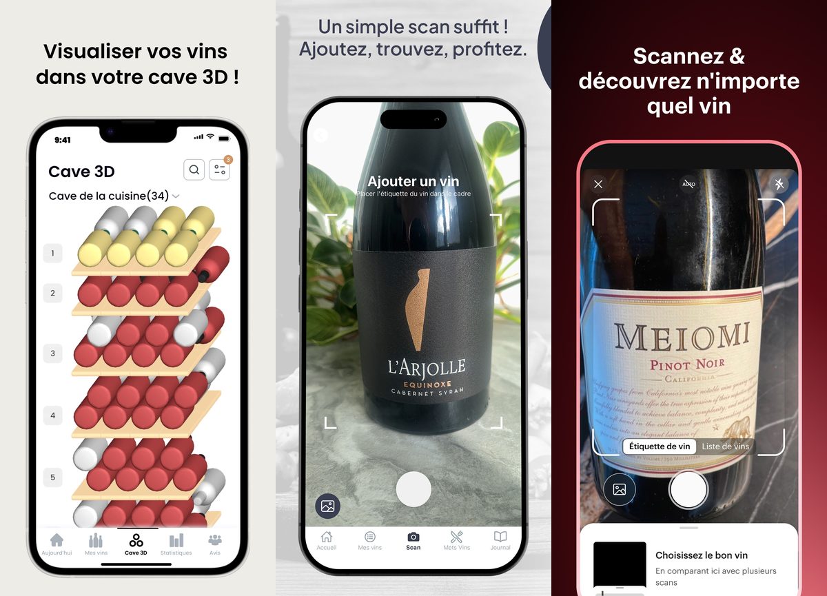 Trois captures de fiches App Store côte à côte : la cave 3D d'Oeni, l'écran de scan d'étiquette de Viniou et le scan d'étiquette de Vivino.