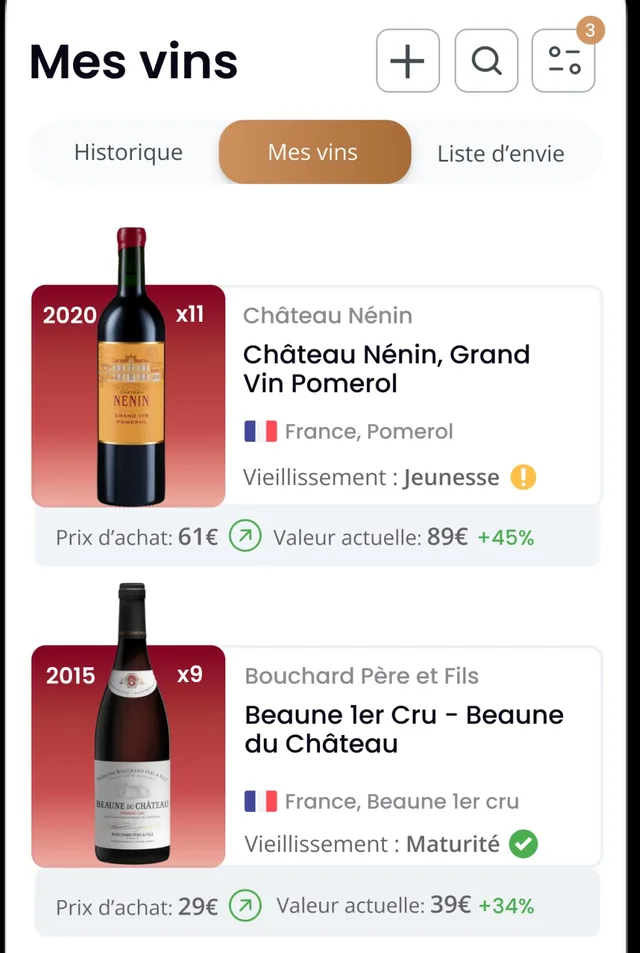 Liste Mes vins de l’application Oeni avec prix d’achat, valeur actuelle et plus-value en pourcentage pour chaque bouteille