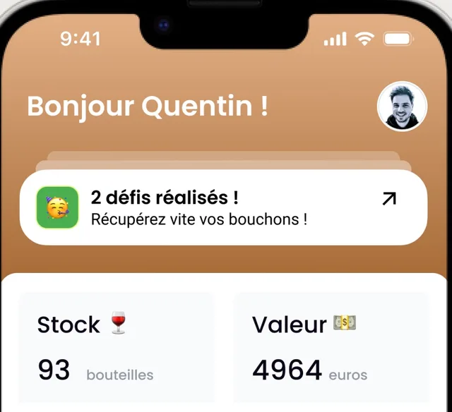 Tableau de bord de l’application Oeni affichant le stock de la cave en bouteilles et sa valeur totale en euros