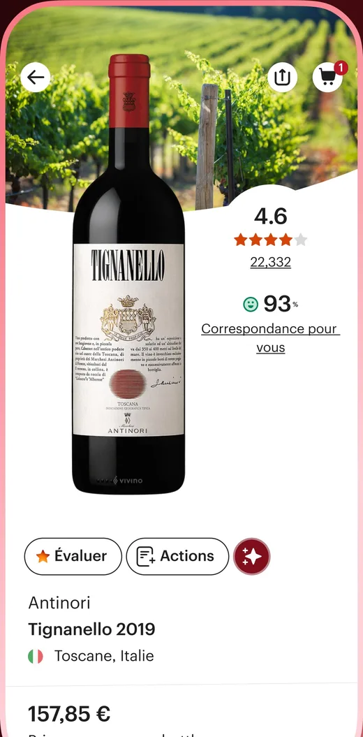 Fiche d’un vin dans l’application Vivino avec note de la communauté, score de correspondance et prix de 157,85 euros
