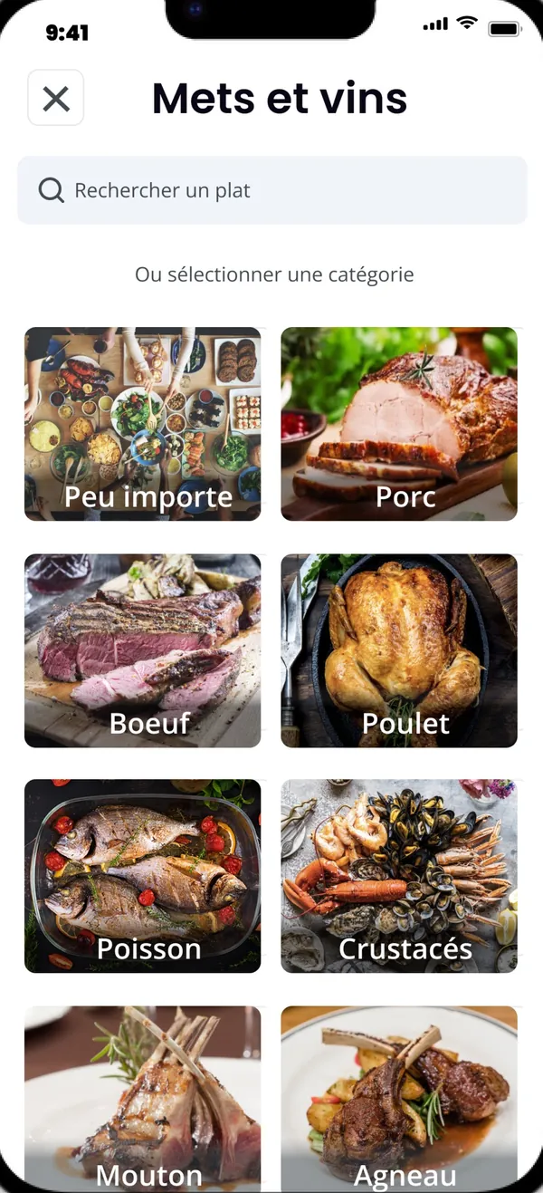 Écran Mets et vins de l’application Oeni : champ Rechercher un plat et catégories illustrées Peu importe, Porc, Bœuf, Poulet, Poisson, Crustacés, Mouton, Agneau.
