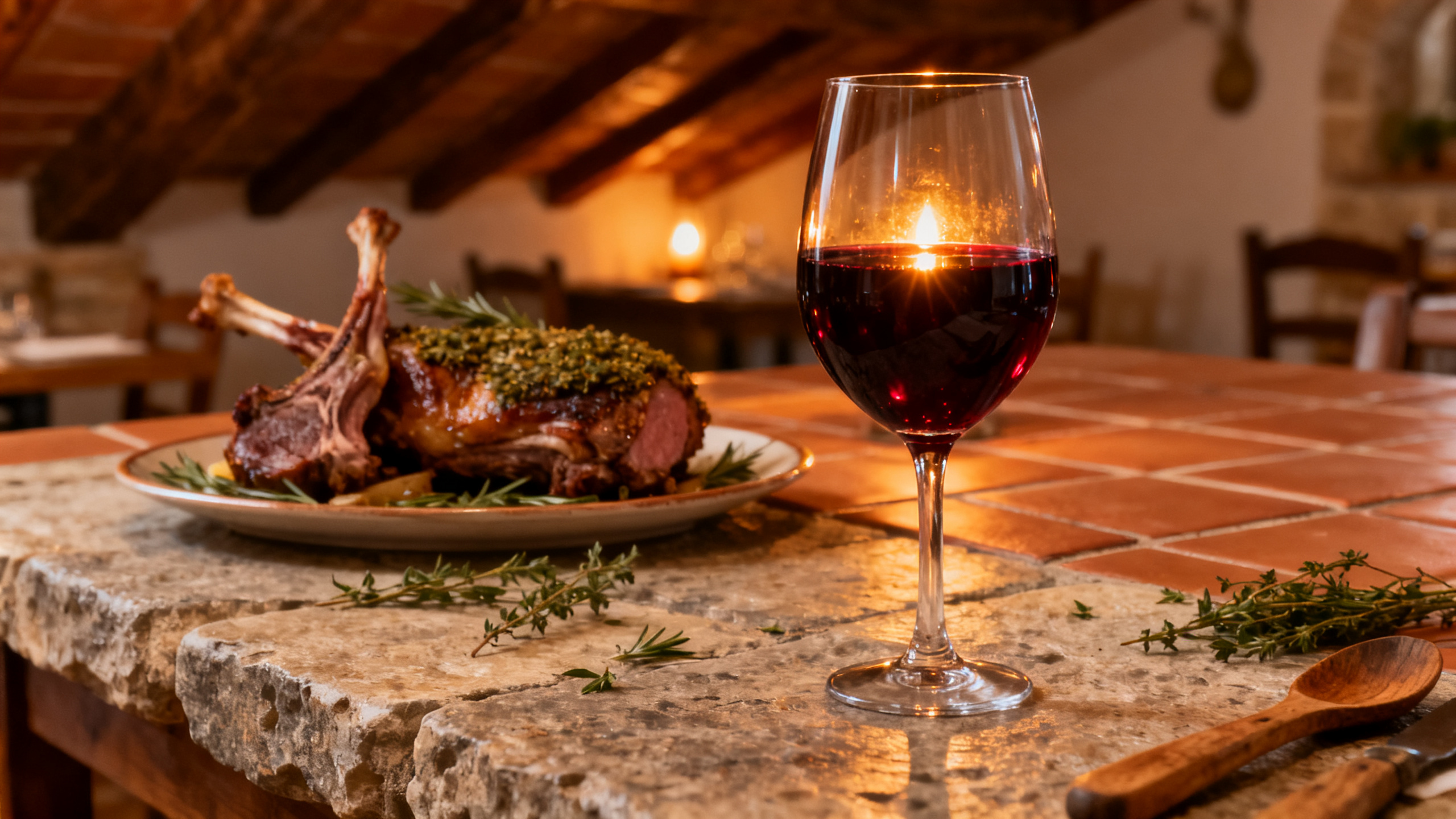 Verre de vin rouge Aglianico del Vulture avec agneau rôti aux herbes