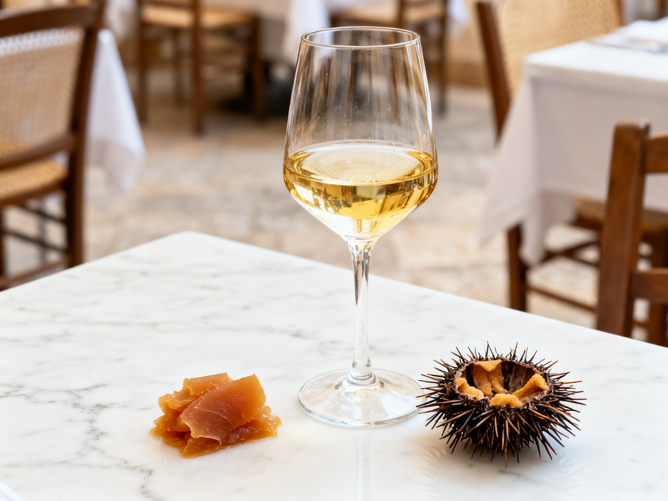 Verre de vin blanc Carricante avec oursins frais, accord typique de l'Etna Bianco DOC