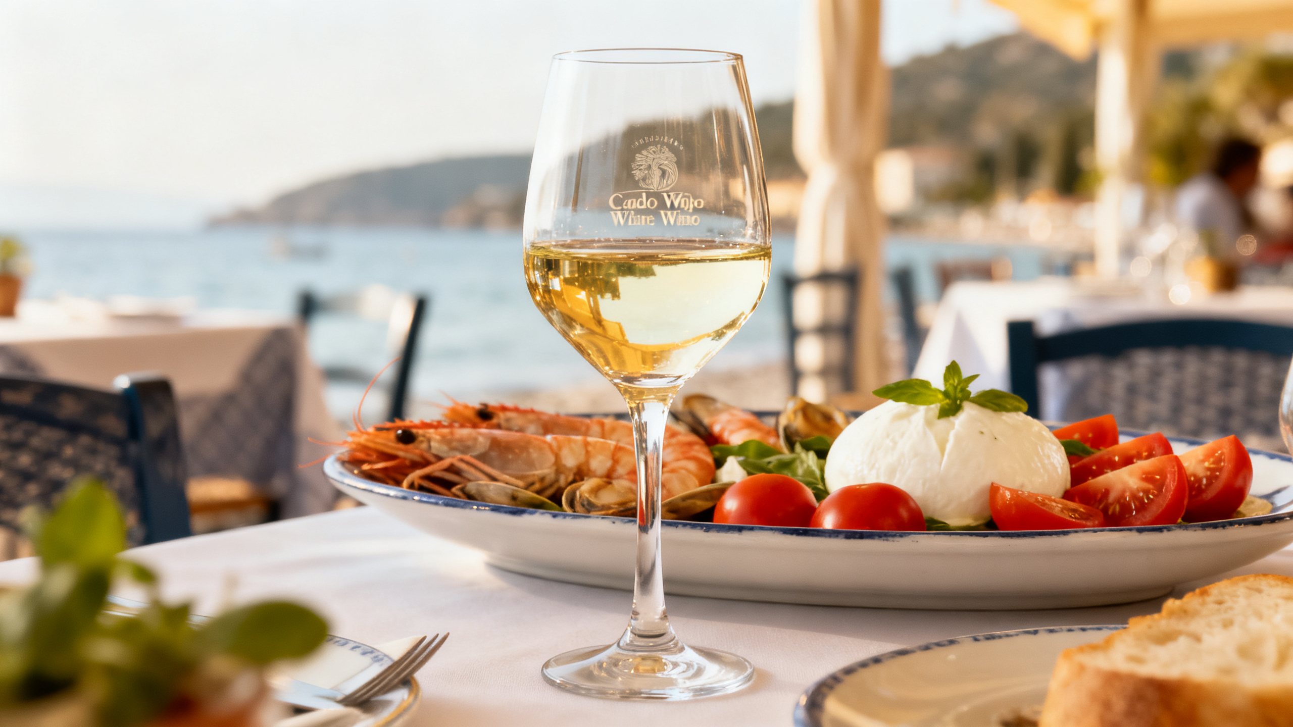 Verre de vin blanc Coda di Volpe Bianca avec plateau de fruits de mer napolitain