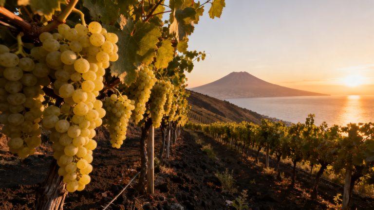 Coda di Volpe Bianca : Guide Complet du Cépage Blanc Campanien au Vésuve Vignes de Coda di Volpe Bianca avec grappes dorées sur les flancs du Vésuve
