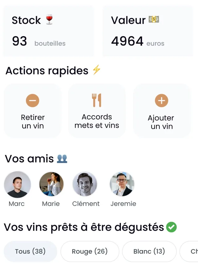 Tableau de bord de l’application Oeni : stock de 93 bouteilles, valeur de 4 964 euros, actions rapides Retirer un vin, Accords mets et vins, Ajouter un vin, et liste des vins prêts à être dégustés.