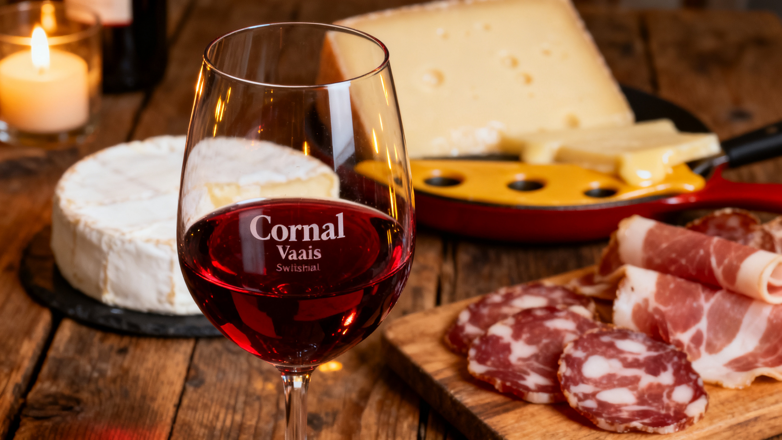 Verre de vin rouge Cornalin accompagné d'une raclette valaisanne traditionnelle