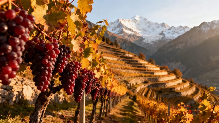 Cornalin : le guide complet du Rouge du Pays valaisan Vignoble de Cornalin sur les terrasses escarpées du Valais avec les Alpes en arrière-plan