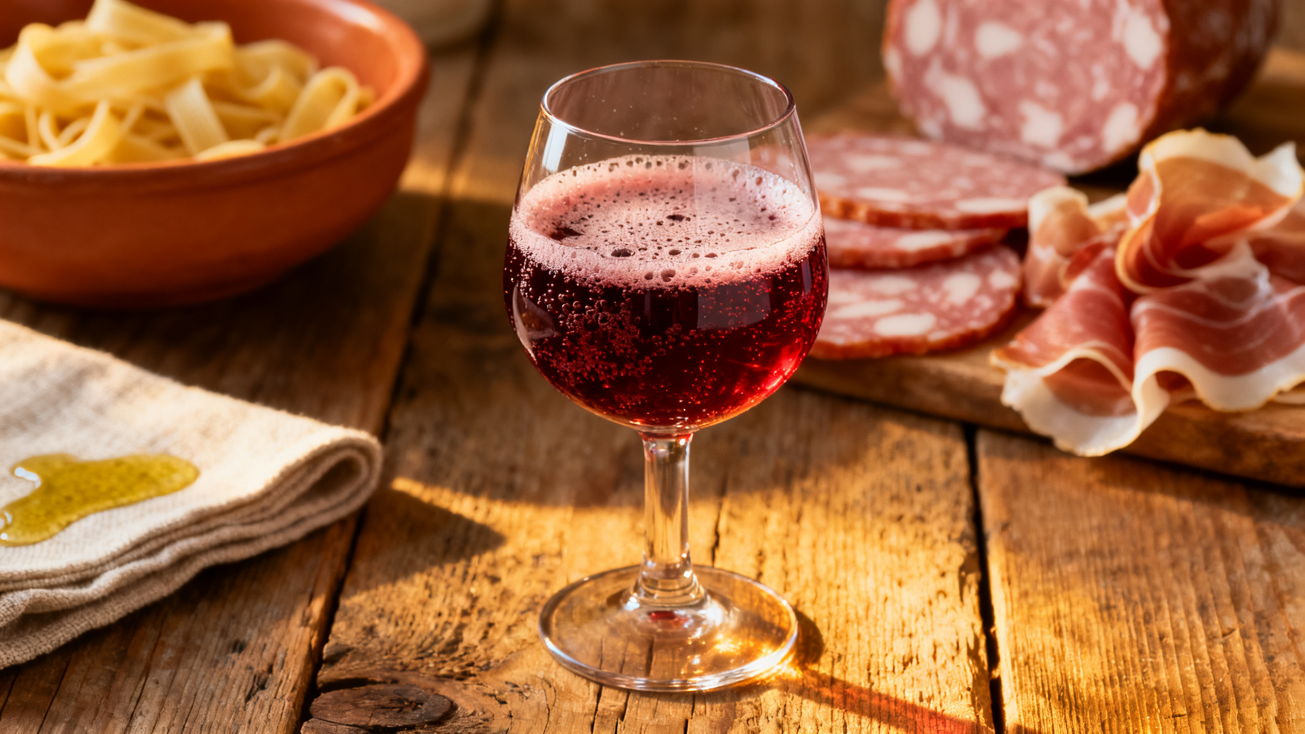Verre de Lambrusco rouge pétillant avec mortadelle et prosciutto