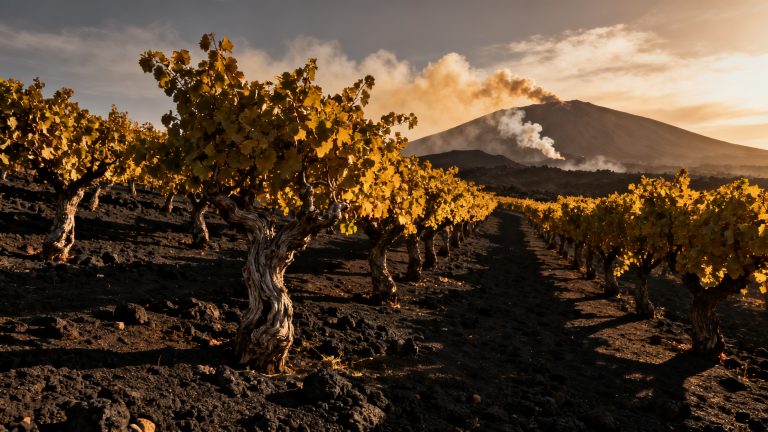 Vignobles de Carricante sur les pentes volcaniques de lEtna en Sicile, Etna Bianco DOC