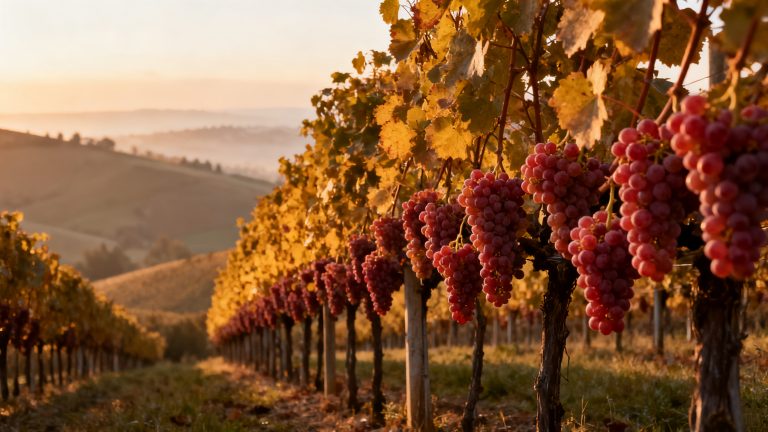 Grignolino : Guide Complet du Cépage Rouge Léger du Piémont Vignoble de Grignolino dans le Monferrato piémontais à l aube