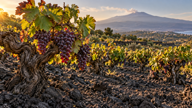 Nerello Cappuccio : Guide Complet du Cépage Rouge de l'Etna (Sicile) Vignoble Nerello Cappuccio sur les pentes volcaniques de lEtna, Sicile, vieilles vignes en gobelet alberello