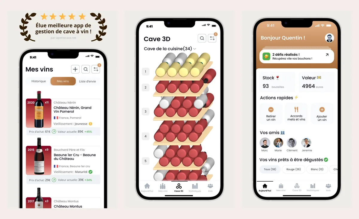Trois écrans d’Oeni : la liste Mes vins avec prix d’achat, valeur actuelle et phase de vieillissement, la cave en 3D par casiers, et le tableau de bord avec stock et valeur.