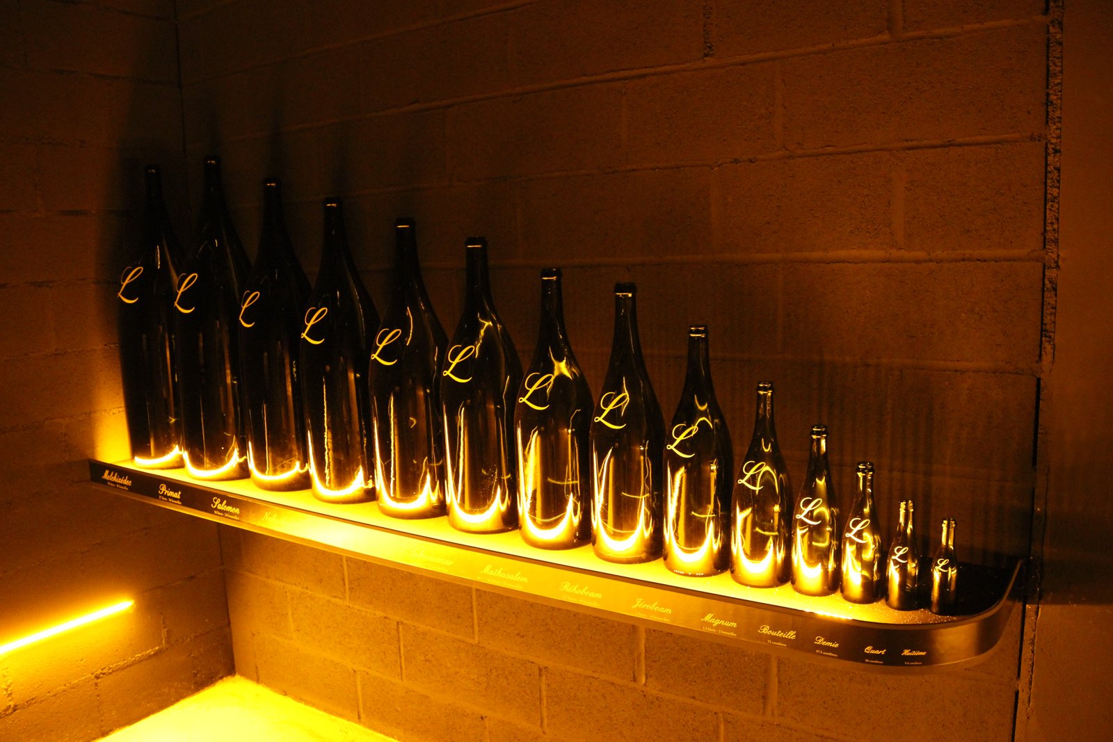 Alignement de bouteilles de champagne du quart au melchisédech dans une cave