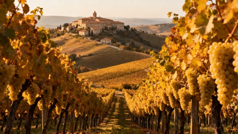 Grechetto : Guide Complet du Cépage Blanc d'Ombrie Vignoble de Grechetto dans les collines autour de Todi, Ombrie, avec vue sur un village médiéval